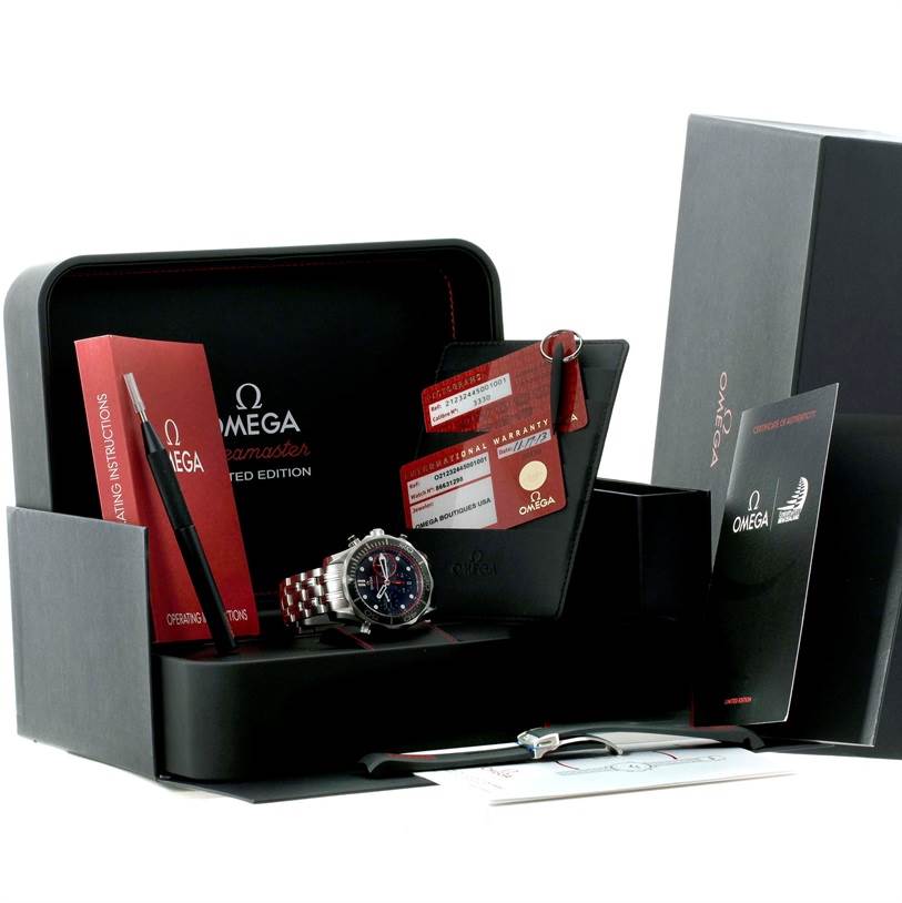 The image shows an Omega Seamaster 212.32.44.50.01.001 Men
s Stainless Steel Black Dial 212.32.44.50.01.001 Men
s Stainless Steel Black Dial watch surrounded by its box, operating instructions, warranty cards, and certificate of Best Quality
ity.