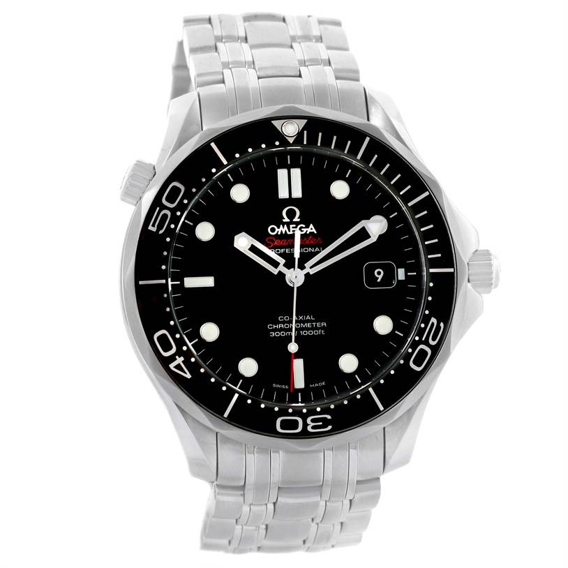The image shows a front view of the Omega Seamaster 212.30.41.20.01.002 Men
s Stainless Steel Black Dial 212.30.41.20.01.002 Men
s Stainless Steel Black Dial watch, highlighting its face, bezel, bracelet, and crown.