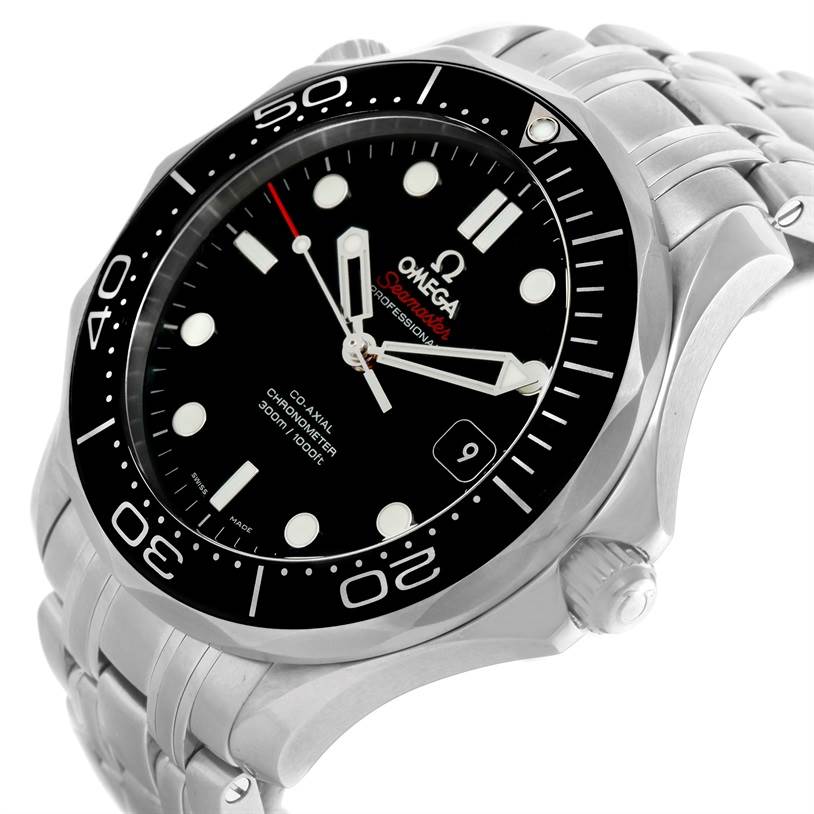 This image shows an Omega Seamaster 212.30.41.20.01.002 Men
s Stainless Steel Black Dial 212.30.41.20.01.002 Men
s Stainless Steel Black Dial watch from a three-quarter angle, highlighting the face, bezel, crown, and metal bracelet.