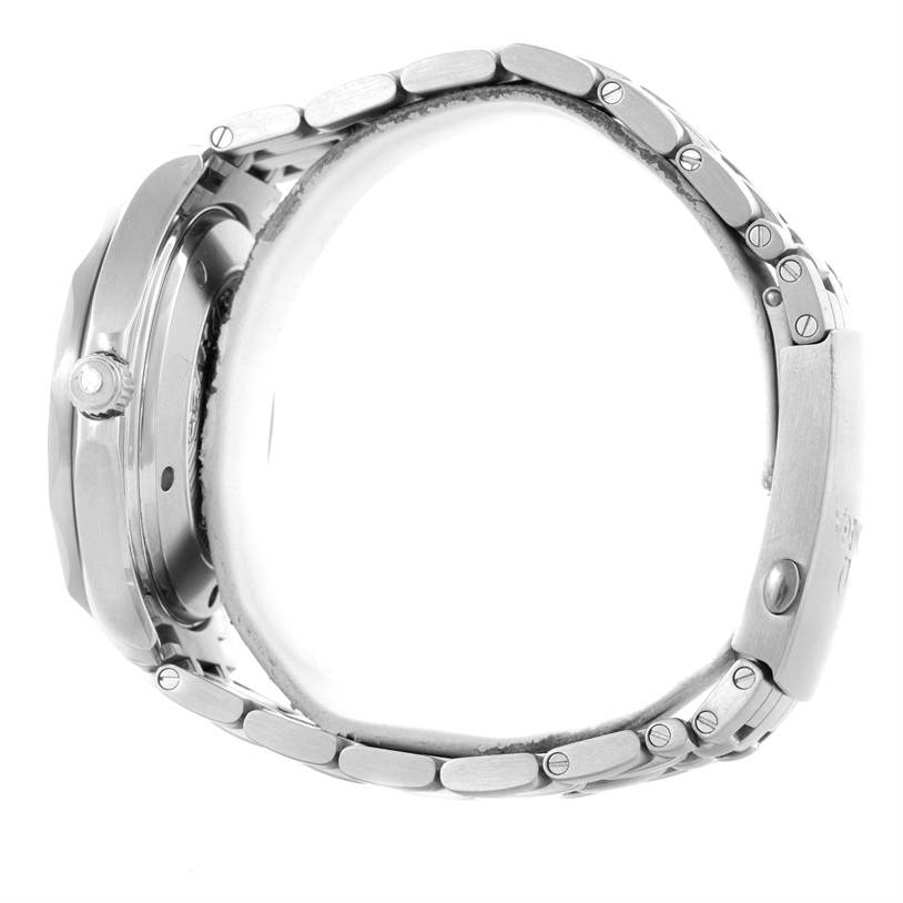 The image shows a side view of the Omega Seamaster 212.30.41.20.01.002 Men
s Stainless Steel Black Dial 212.30.41.20.01.002 Men
s Stainless Steel Black Dial watch, highlighting its case, crown, and metal bracelet.