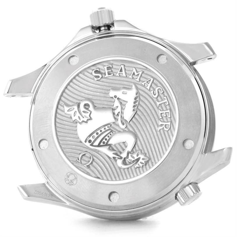 This image shows the back case of an Omega Seamaster 212.30.41.20.01.002 Men
s Stainless Steel Black Dial 212.30.41.20.01.002 Men
s Stainless Steel Black Dial watch, showcasing its emblem and some of the lugs.