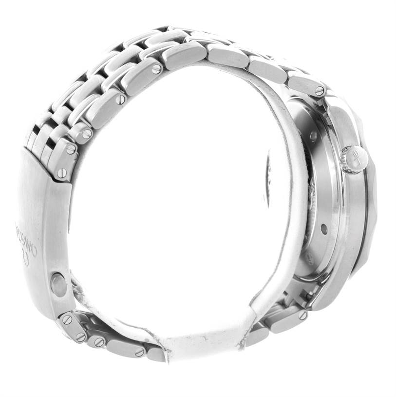 The image shows the side profile of an Omega Seamaster 212.30.41.20.01.002 Men
s Stainless Steel Black Dial 212.30.41.20.01.002 Men
s Stainless Steel Black Dial watch, highlighting its stainless steel bracelet, clasp, and crown.