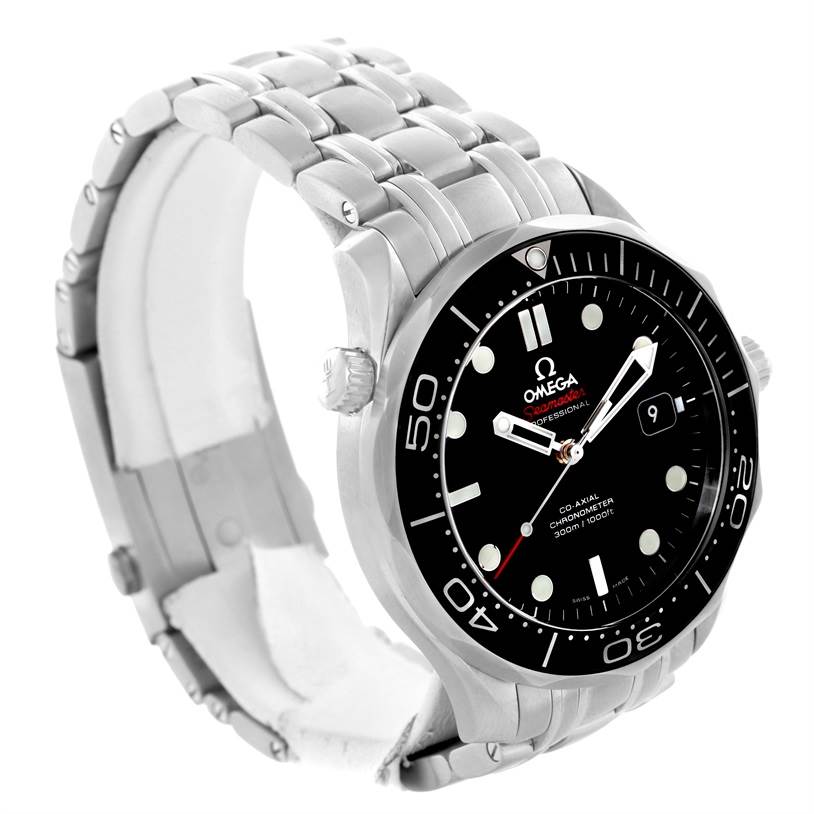 The image shows a side angle of an Omega Seamaster 212.30.41.20.01.002 Men
s Stainless Steel Black Dial 212.30.41.20.01.002 Men
s Stainless Steel Black Dial watch, highlighting the stainless steel bracelet, black dial, bezel, and crown.