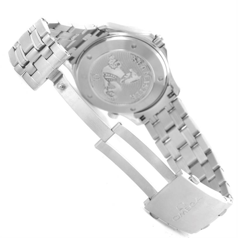 The image shows the back and clasp of an Omega Seamaster 212.30.41.20.01.002 Men
s Stainless Steel Black Dial 212.30.41.20.01.002 Men
s Stainless Steel Black Dial watch, highlighting the bracelet, engravings, and deployment clasp.