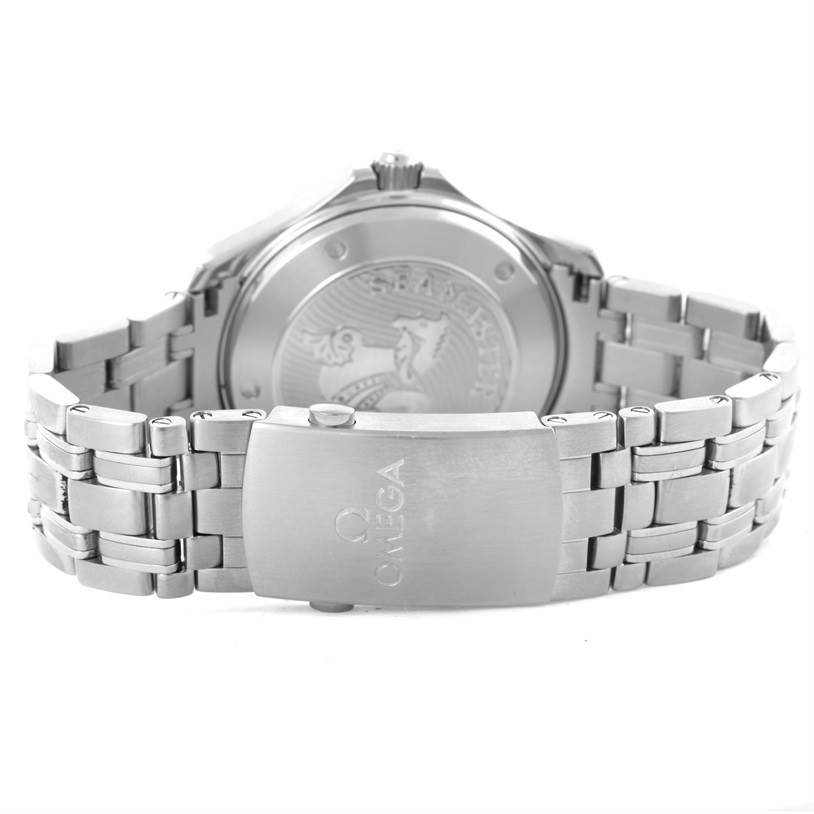 The image shows the back case and bracelet of an Omega Seamaster 212.30.41.20.01.002 Men
s Stainless Steel Black Dial 212.30.41.20.01.002 Men
s Stainless Steel Black Dial watch from a rear angle, featuring the Omega logo on the clasp.