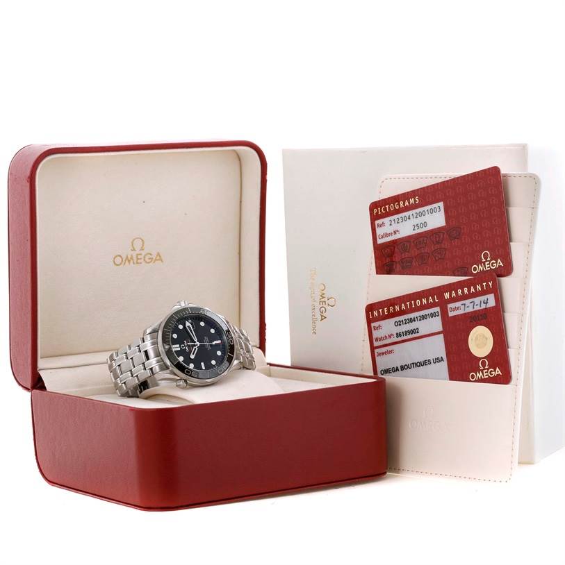 The image shows an Omega Seamaster 212.30.41.20.01.002 Men
s Stainless Steel Black Dial 212.30.41.20.01.002 Men
s Stainless Steel Black Dial watch in its box, alongside warranty cards and documentation.