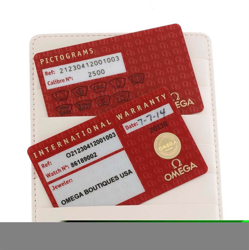 The image shows the Omega Seamaster 212.30.41.20.01.002 Men
s Stainless Steel Black Dial 212.30.41.20.01.002 Men
s Stainless Steel Black Dial model
s Pictograms and International Warranty cards placed in a white cardholder.