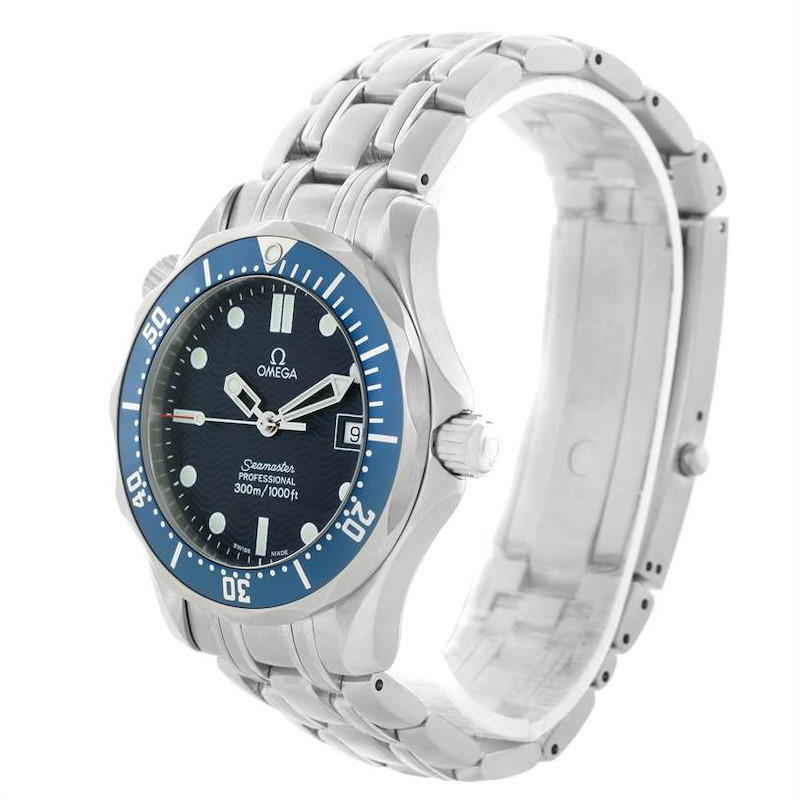 The image shows an Omega Seamaster watch from a front angle, highlighting its dial, bezel, bracelet, and crown.