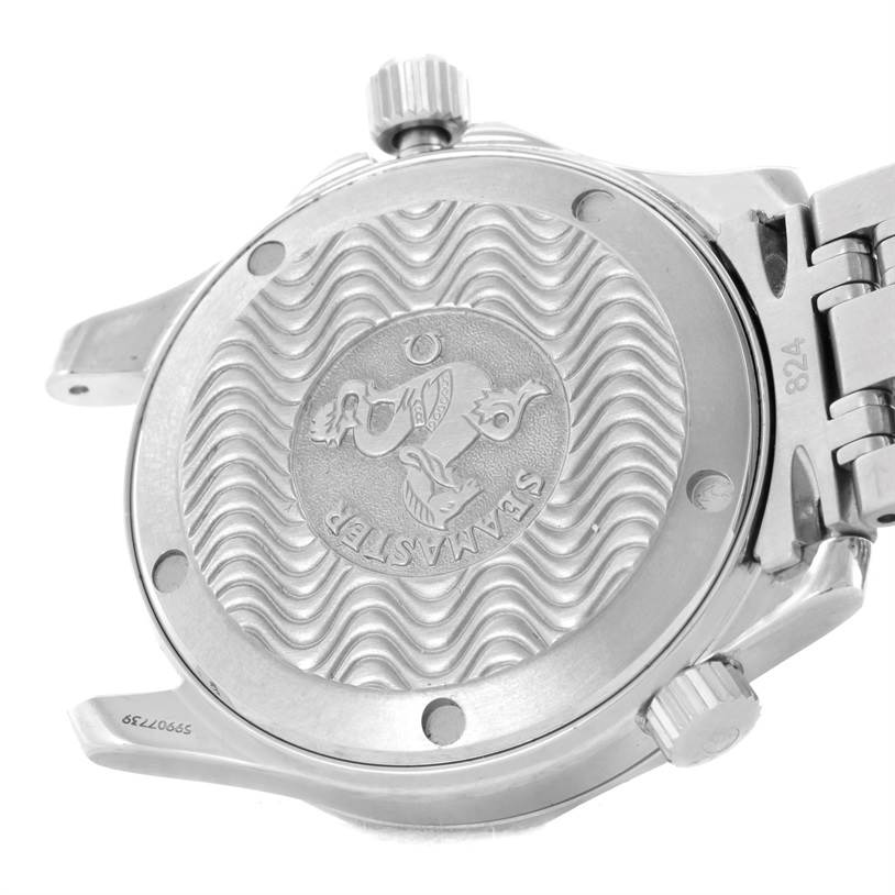 The image shows the back case and crown of an Omega Seamaster 2561.80.00 Men
s Stainless Steel Blue Dial 2561.80.00 Men
s Stainless Steel Blue Dial watch from an angled bottom view.