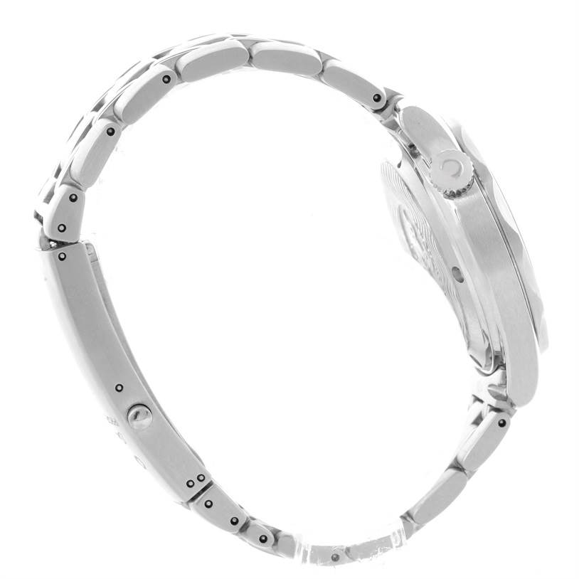 The image shows the side profile of an Omega Seamaster 2561.80.00 Men
s Stainless Steel Blue Dial 2561.80.00 Men
s Stainless Steel Blue Dial watch, highlighting its bracelet and clasp.