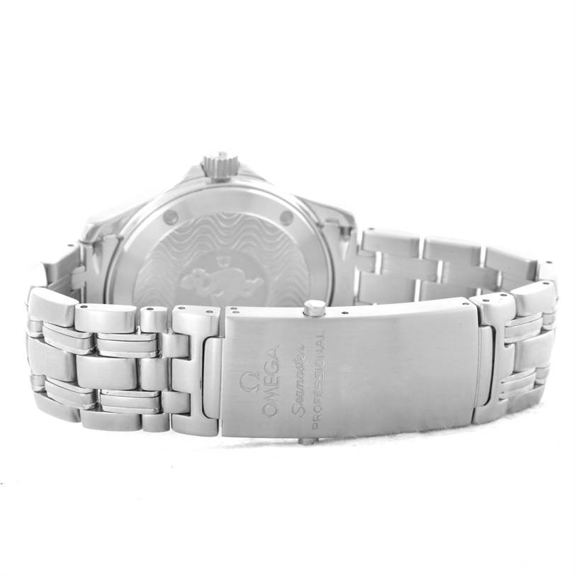 The image shows the backside and bracelet of the Omega Seamaster 2561.80.00 Men
s Stainless Steel Blue Dial 2561.80.00 Men
s Stainless Steel Blue Dial watch, focusing on the clasp and case back.