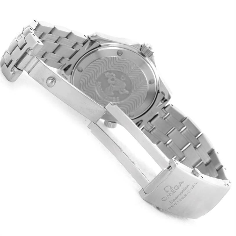 The image shows a rear angle of the Omega Seamaster 2561.80.00 Men
s Stainless Steel Blue Dial 2561.80.00 Men
s Stainless Steel Blue Dial watch, highlighting its open stainless steel bracelet and engraved case back.