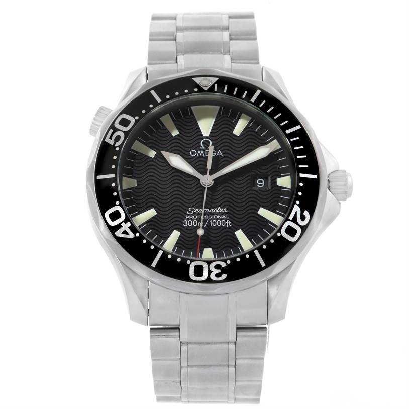 The Omega Seamaster 2264.50.00 Men
s Stainless Steel Black Dial 2264.50.00 Men
s Stainless Steel Black Dial watch is shown from a front angle, displaying the face, bezel, crown, and stainless steel bracelet.