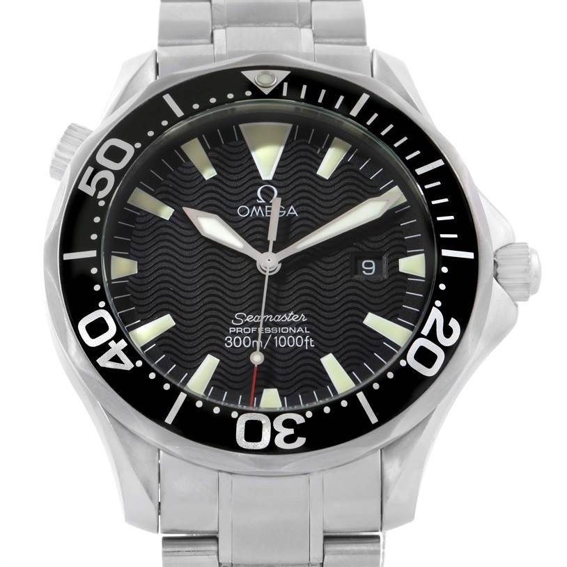 The image shows a front view of an Omega Seamaster 2264.50.00 Men
s Stainless Steel Black Dial 2264.50.00 Men
s Stainless Steel Black Dial watch, highlighting the bezel, dial, hands, and part of the bracelet.