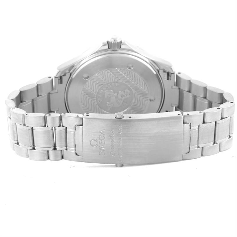 The image shows the back and stainless steel bracelet clasp of an Omega Seamaster 2264.50.00 Men
s Stainless Steel Black Dial 2264.50.00 Men
s Stainless Steel Black Dial watch.