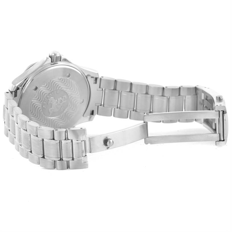 The image shows the back and bracelet of an Omega Seamaster 2264.50.00 Men
s Stainless Steel Black Dial 2264.50.00 Men
s Stainless Steel Black Dial watch, including the deployment clasp and case back details.