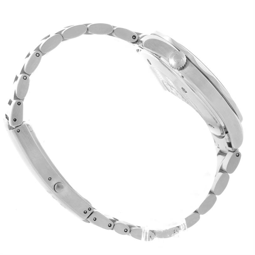 The image shows a side view of an Omega Seamaster 2264.50.00 Men
s Stainless Steel Black Dial 2264.50.00 Men
s Stainless Steel Black Dial watch, highlighting the bracelet and the crown.