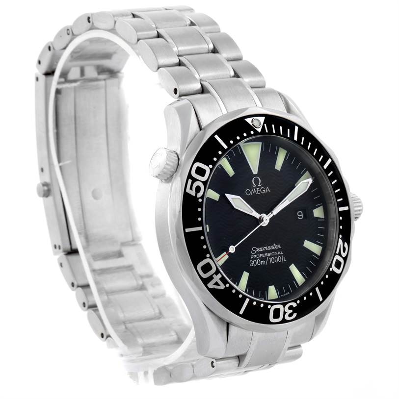 The image shows an angled view of an Omega Seamaster 2264.50.00 Men
s Stainless Steel Black Dial 2264.50.00 Men
s Stainless Steel Black Dial watch, highlighting the face, bezel, and part of the metal bracelet.