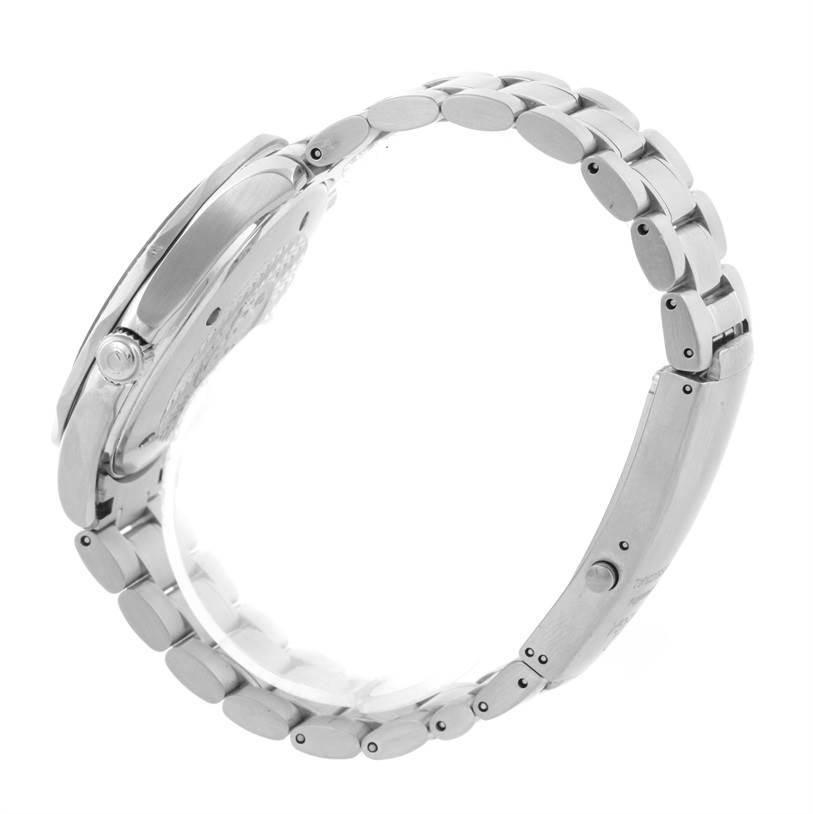 This image shows a side view of the Omega Seamaster 2264.50.00 Men
s Stainless Steel Black Dial 2264.50.00 Men
s Stainless Steel Black Dial watch, highlighting the bracelet and the case with the crown.