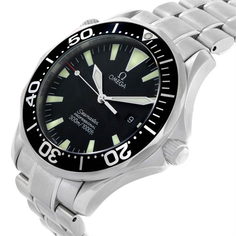 The Omega Seamaster 2264.50.00 Men
s Stainless Steel Black Dial 2264.50.00 Men
s Stainless Steel Black Dial watch is shown at an angled top view, highlighting its dial, bezel, crown, and part of the bracelet.