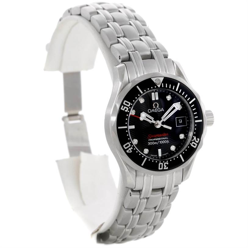 The image shows an angled view of the Omega Seamaster 212.30.28.61.01.001 Women's Stainless Steel Black Dial 212.30.28.61.01.001 Women's Stainless Steel Black Dial watch, highlighting the dial, bezel, crown, and stainless steel bracelet.