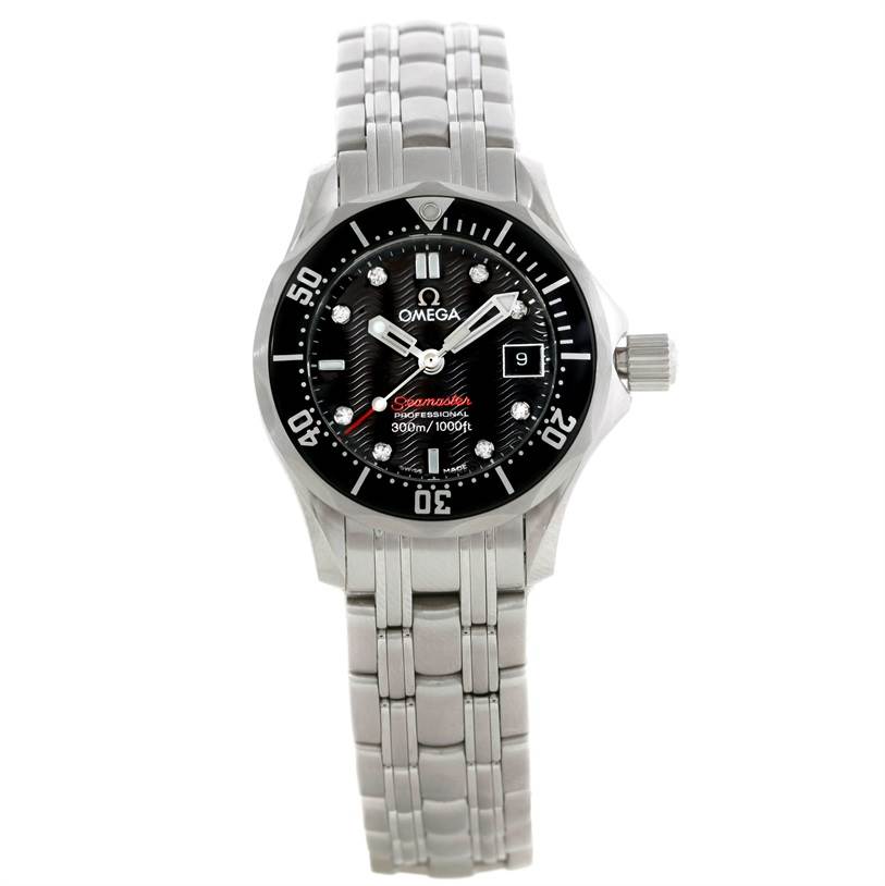 The image shows a front view of an Omega Seamaster 212.30.28.61.01.001 Women's Stainless Steel Black Dial 212.30.28.61.01.001 Women's Stainless Steel Black Dial watch, highlighting the dial, bezel, and stainless steel bracelet.