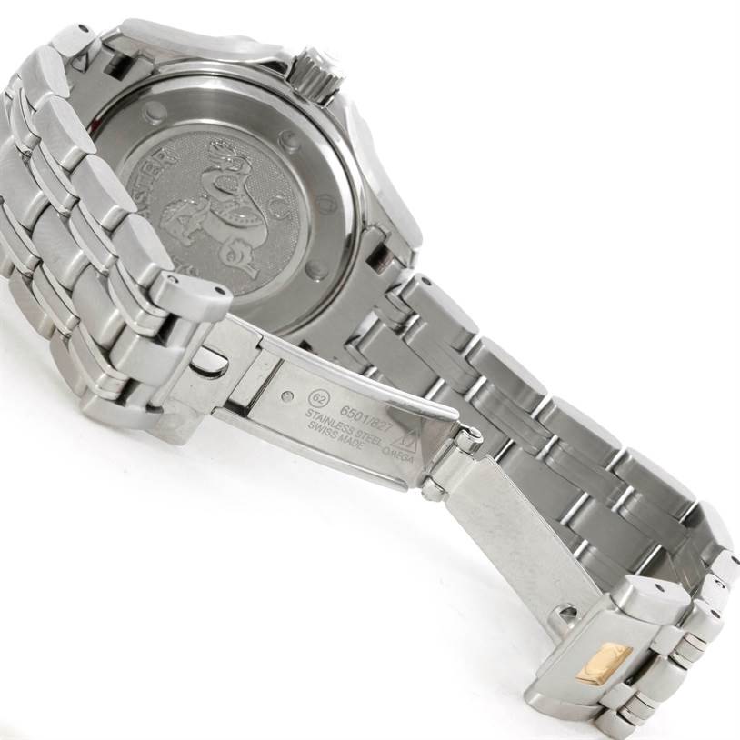 The Omega Seamaster 212.30.28.61.01.001 Women's Stainless Steel Black Dial 212.30.28.61.01.001 Women's Stainless Steel Black Dial watch is shown from the back, revealing the caseback and the metal bracelet with its clasp.