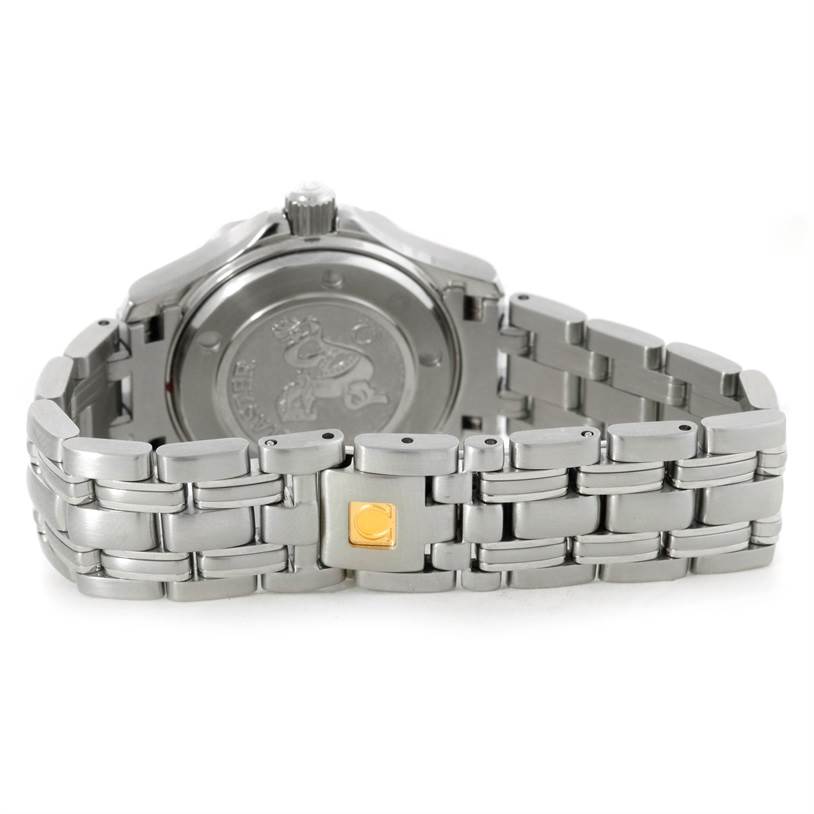 The image shows the back of an Omega Seamaster 212.30.28.61.01.001 Women's Stainless Steel Black Dial 212.30.28.61.01.001 Women's Stainless Steel Black Dial watch, including its stainless steel case and bracelet with a gold accent on the clasp.