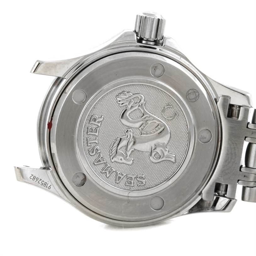 The image shows the back case and part of the bracelet of an Omega Seamaster 212.30.28.61.01.001 Women's Stainless Steel Black Dial 212.30.28.61.01.001 Women's Stainless Steel Black Dial watch.