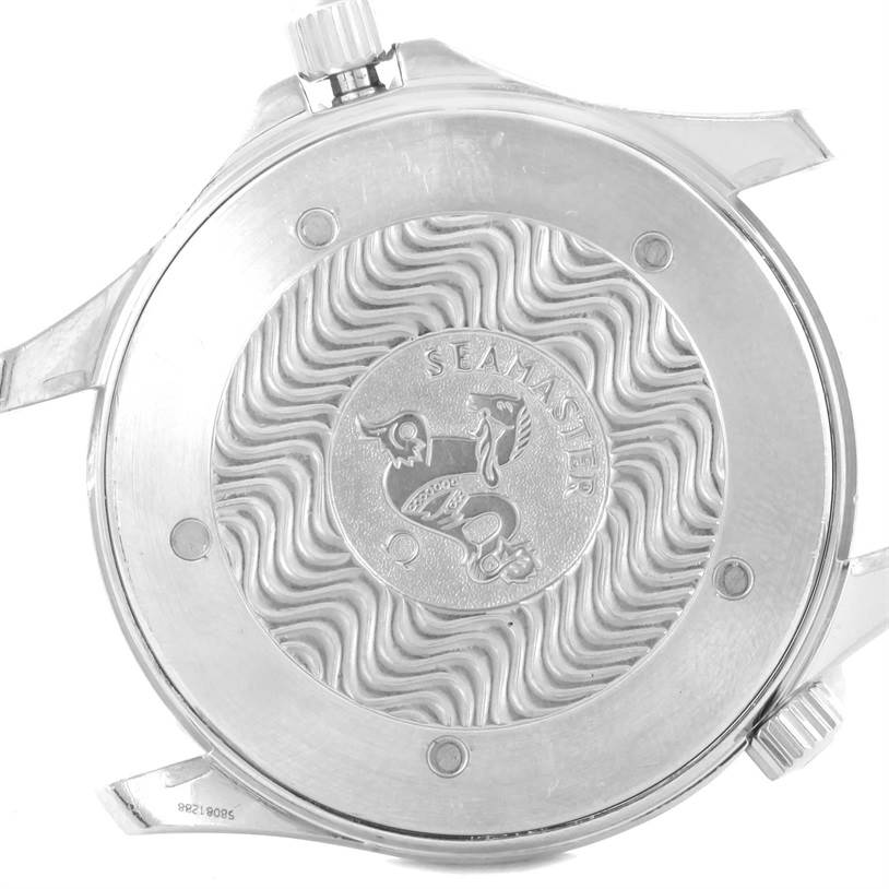 The image shows the case back of an Omega Seamaster 2541.80.00 Men
s Stainless Steel Blue Dial 2541.80.00 Men
s Stainless Steel Blue Dial watch, featuring the engraved design and crown.