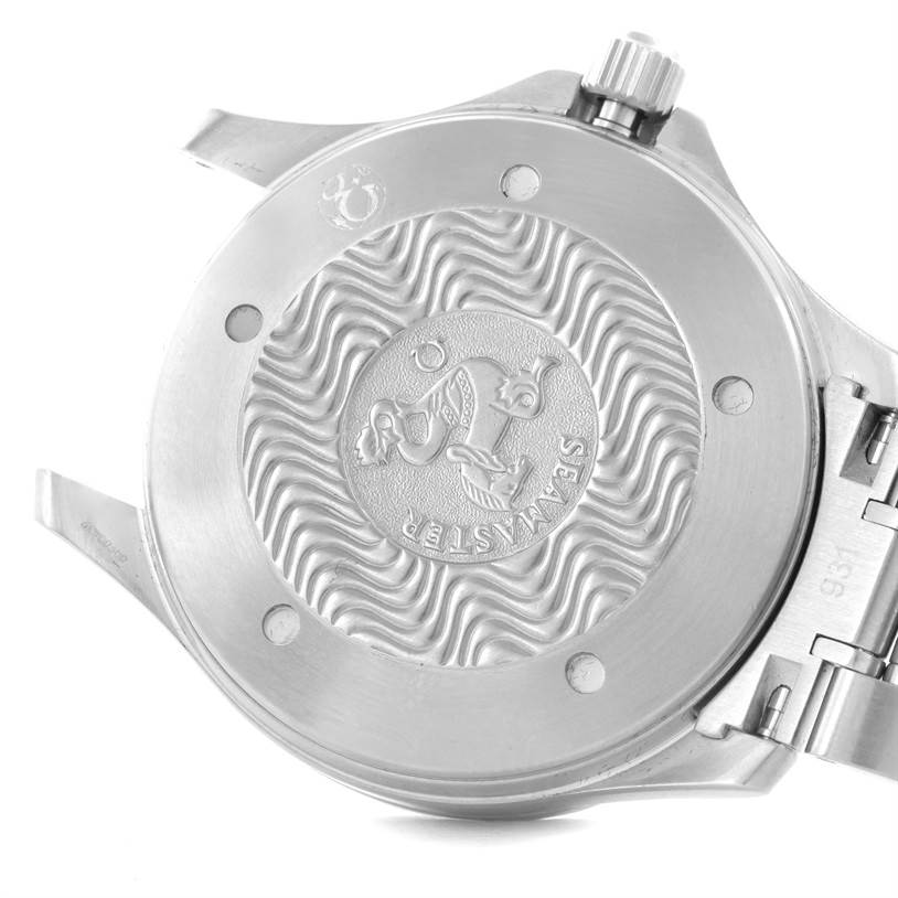 The image shows the back case of an Omega Seamaster 2538.20.00 Men
s Stainless Steel White Dial 2538.20.00 Men
s Stainless Steel White Dial watch, highlighting its engraving and crown.