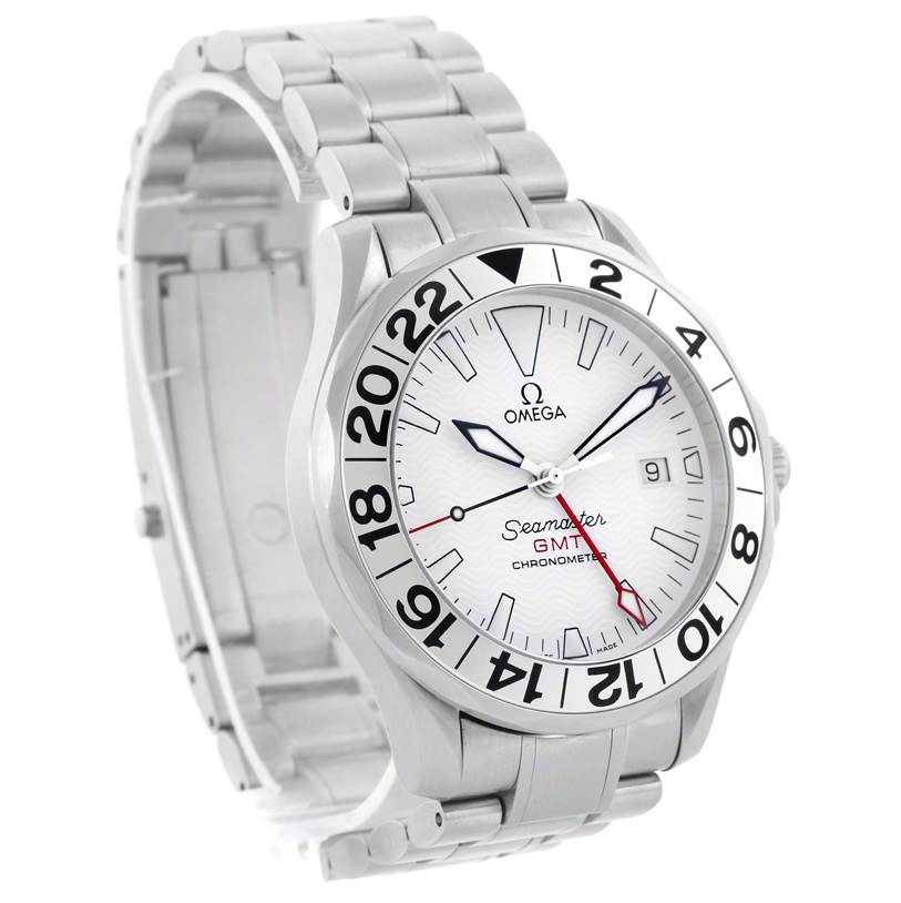 The image shows an angled view of the Omega Seamaster 2538.20.00 Men
s Stainless Steel White Dial 2538.20.00 Men
s Stainless Steel White Dial GMT Chronometer watch displaying the face, bezel, and part of the metal bracelet.