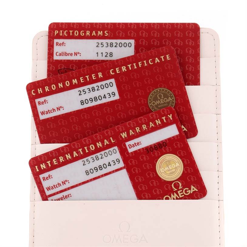 This image shows the certification and warranty cards for the Omega Seamaster 2538.20.00 Men
s Stainless Steel White Dial 2538.20.00 Men
s Stainless Steel White Dial model.