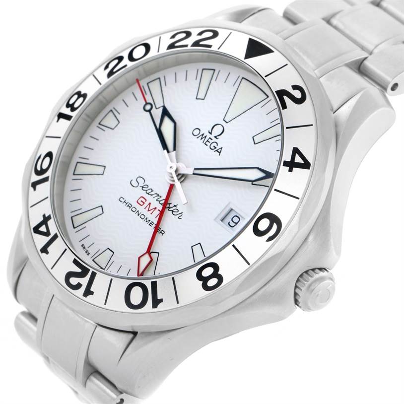 The image shows an angled front view of the Omega Seamaster 2538.20.00 Men
s Stainless Steel White Dial 2538.20.00 Men
s Stainless Steel White Dial GMT Chronometer with a white face, red GMT hand, and metal bracelet.