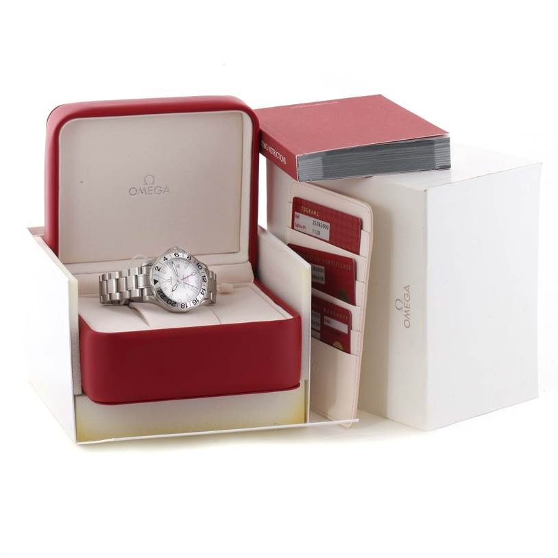 The Omega Seamaster 2538.20.00 Men
s Stainless Steel White Dial 2538.20.00 Men
s Stainless Steel White Dial watch is shown in an open presentation box with accompanying cards and booklets beside it.