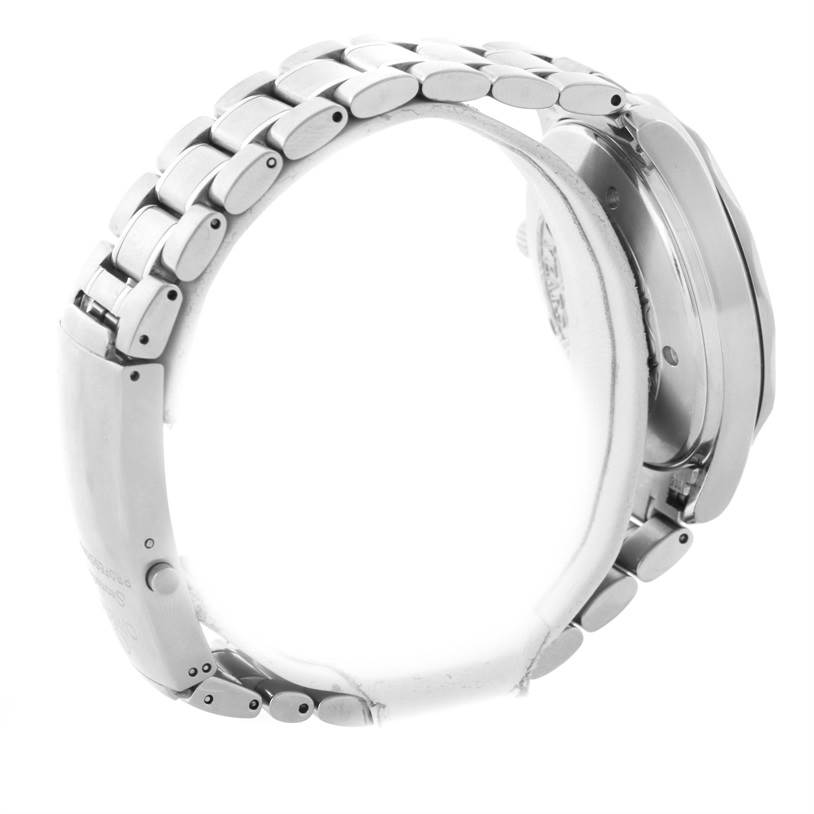 The image shows a side view of the Omega Seamaster 2534.50.00 Men
s Stainless Steel Black Dial 2534.50.00 Men
s Stainless Steel Black Dial watch, highlighting its metal bracelet and clasp.