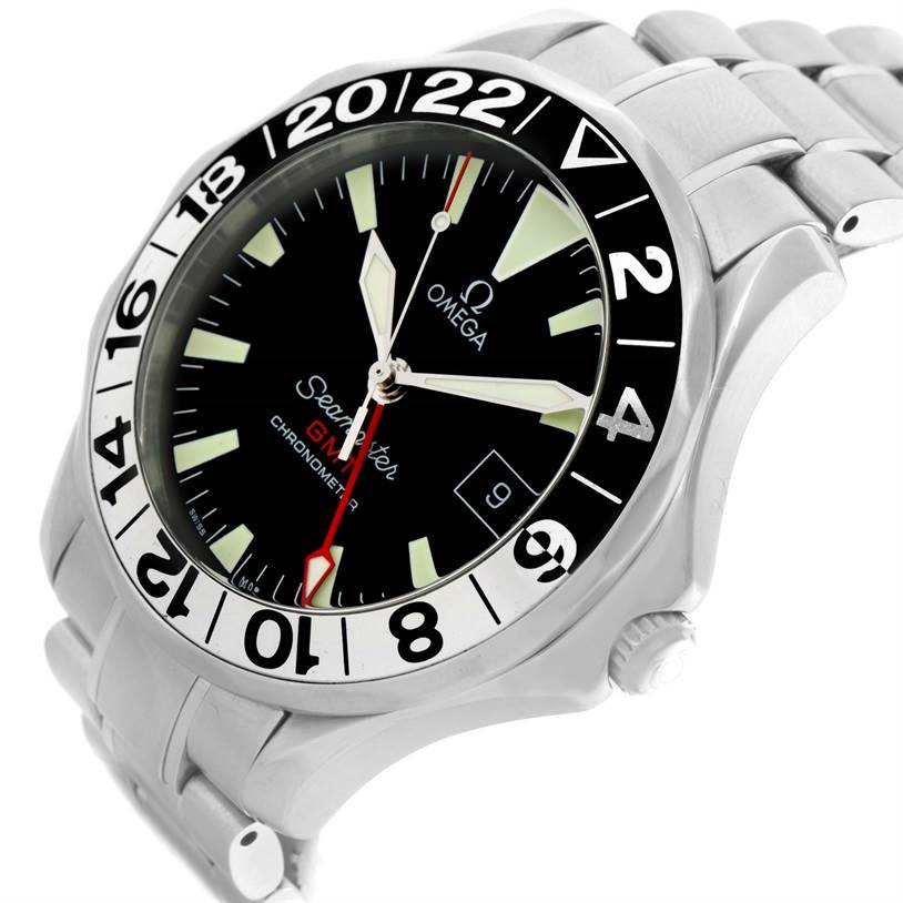 The Omega Seamaster 2534.50.00 Men
s Stainless Steel Black Dial 2534.50.00 Men
s Stainless Steel Black Dial watch is shown at a slight angle, displaying the dial, bezel, hands, and a portion of the bracelet.