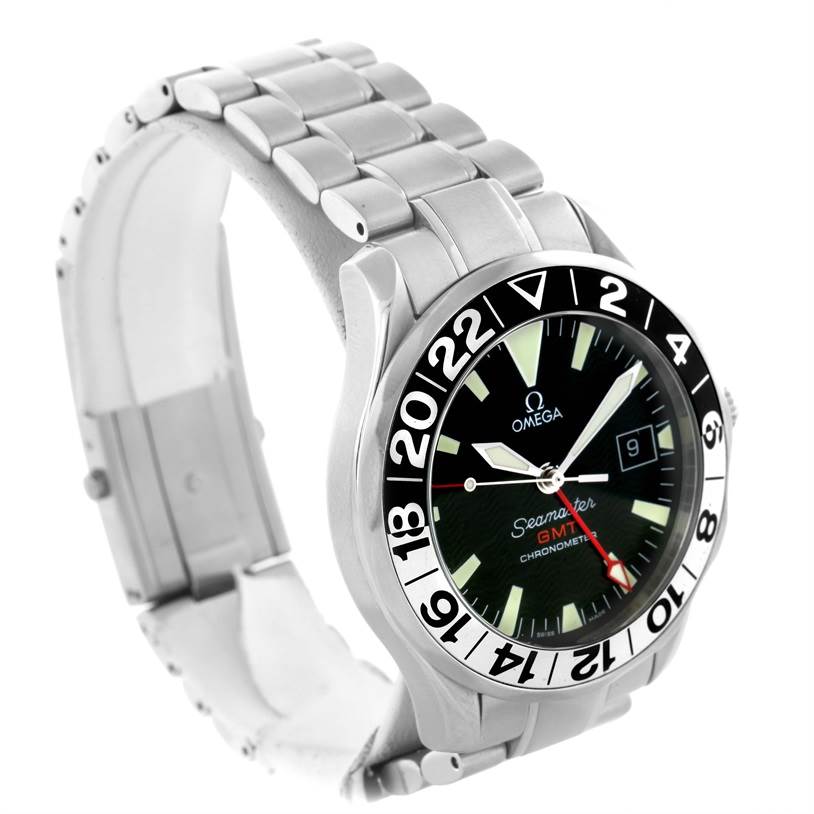 The Omega Seamaster 2534.50.00 Men
s Stainless Steel Black Dial 2534.50.00 Men
s Stainless Steel Black Dial watch is shown at an angled view showcasing the face, bezel, and metal bracelet.