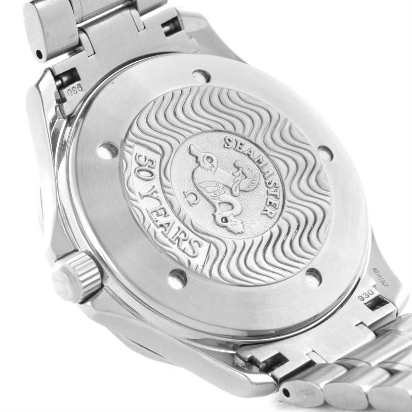 The image shows the back view of an Omega Seamaster 2534.50.00 Men
s Stainless Steel Black Dial 2534.50.00 Men
s Stainless Steel Black Dial watch, displaying the caseback and part of the metal bracelet.