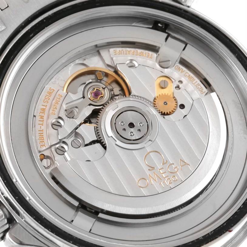 This image shows a close-up view of the movement inside an Omega Seamaster 2254.50.00 Men
s Stainless Steel Black Dial 2254.50.00 Men
s Stainless Steel Black Dial watch.