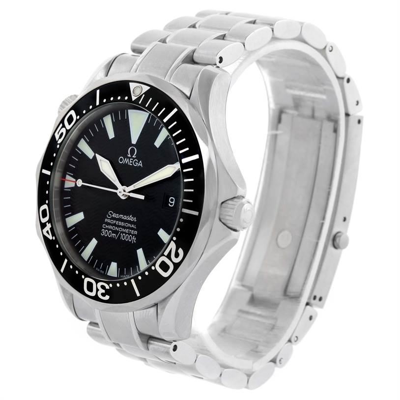 The Omega Seamaster 2254.50.00 Men
s Stainless Steel Black Dial 2254.50.00 Men
s Stainless Steel Black Dial watch is shown at a right-side angle, displaying its face, bezel, crown, and stainless steel bracelet.