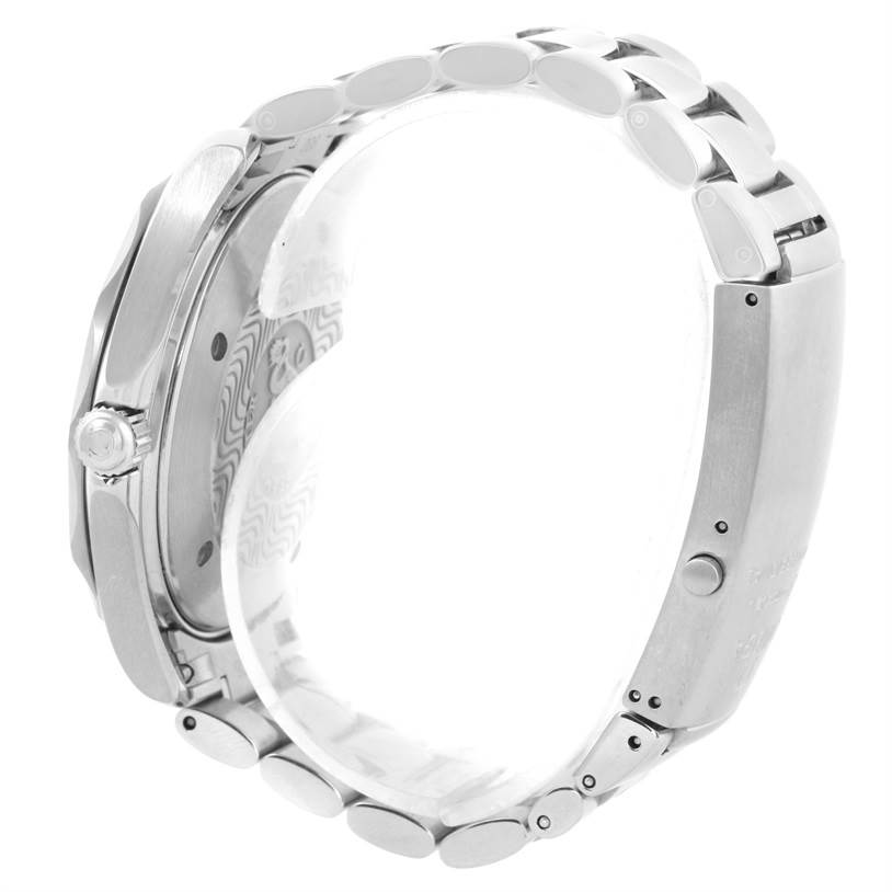 The image shows a side view of the Omega Seamaster 2254.50.00 Men
s Stainless Steel Black Dial 2254.50.00 Men
s Stainless Steel Black Dial watch, focusing on its metal bracelet and crown.