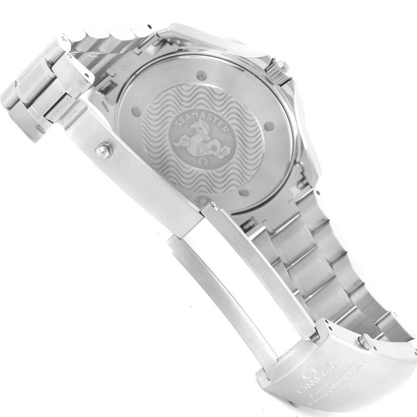 This image shows the back casing and metal bracelet of an Omega Seamaster 2254.50.00 Men
s Stainless Steel Black Dial 2254.50.00 Men
s Stainless Steel Black Dial watch at an angled view.