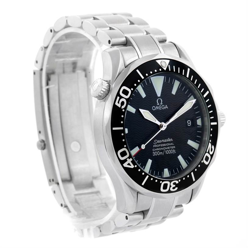 The image shows a side angle of the Omega Seamaster 2254.50.00 Men
s Stainless Steel Black Dial 2254.50.00 Men
s Stainless Steel Black Dial watch featuring its face, bezel, crown, and metal bracelet.
