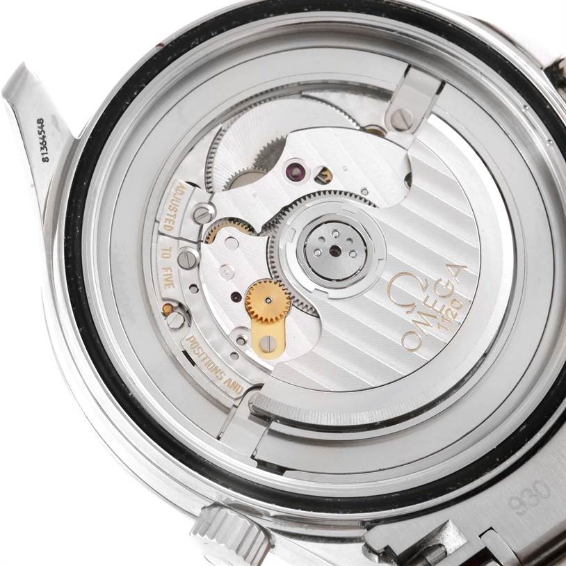 This image shows a close-up view of the movement mechanism of an Omega Seamaster 2254.50.00 Men
s Stainless Steel Black Dial 2254.50.00 Men
s Stainless Steel Black Dial watch.