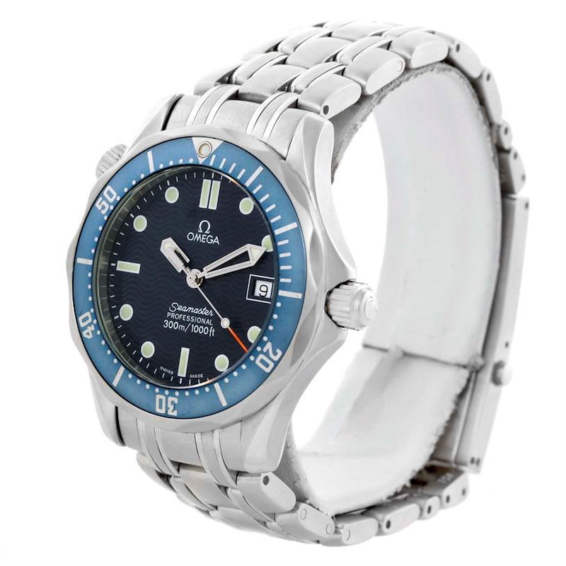 The Omega Seamaster watch is pictured at a three-quarter angle showing the watch face, bezel, crown, and stainless steel bracelet.