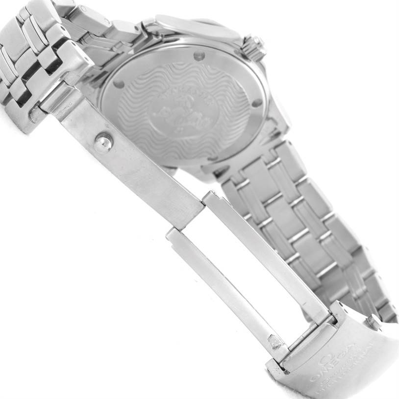 The image shows the back case and metal bracelet of an Omega Seamaster 2561.80.00 Men
s Stainless Steel Blue Dial 2561.80.00 Men
s Stainless Steel Blue Dial watch, with the clasp open.