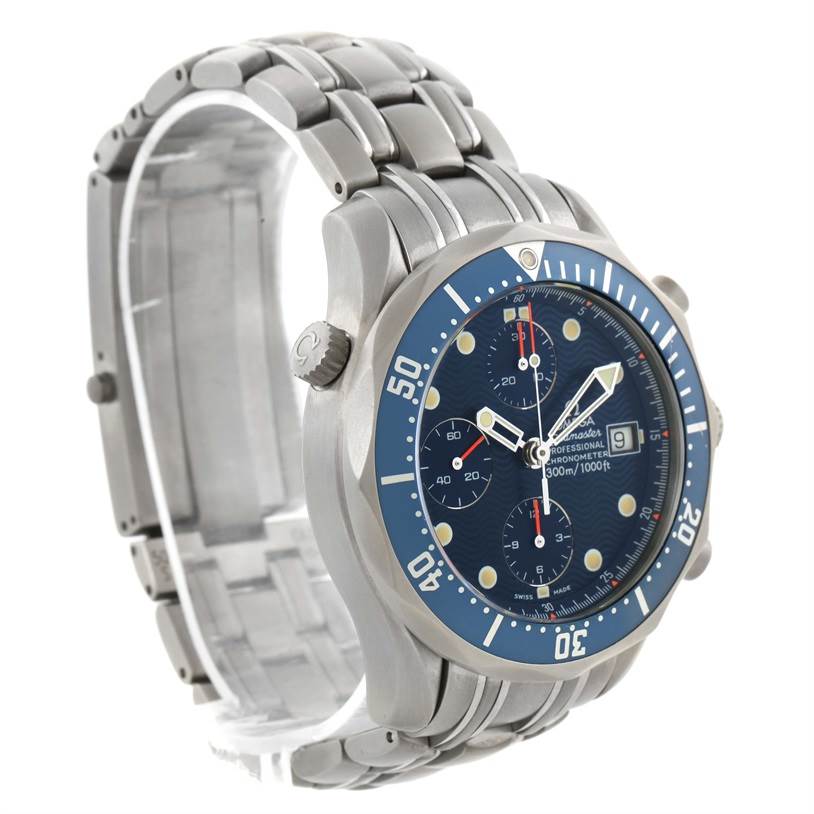 The Omega Seamaster 2298.80.00 Men
s Titanium Blue Dial 2298.80.00 Men
s Titanium Blue Dial watch is shown at a three-quarter angle, highlighting the bezel, dial, bracelet, and crown.