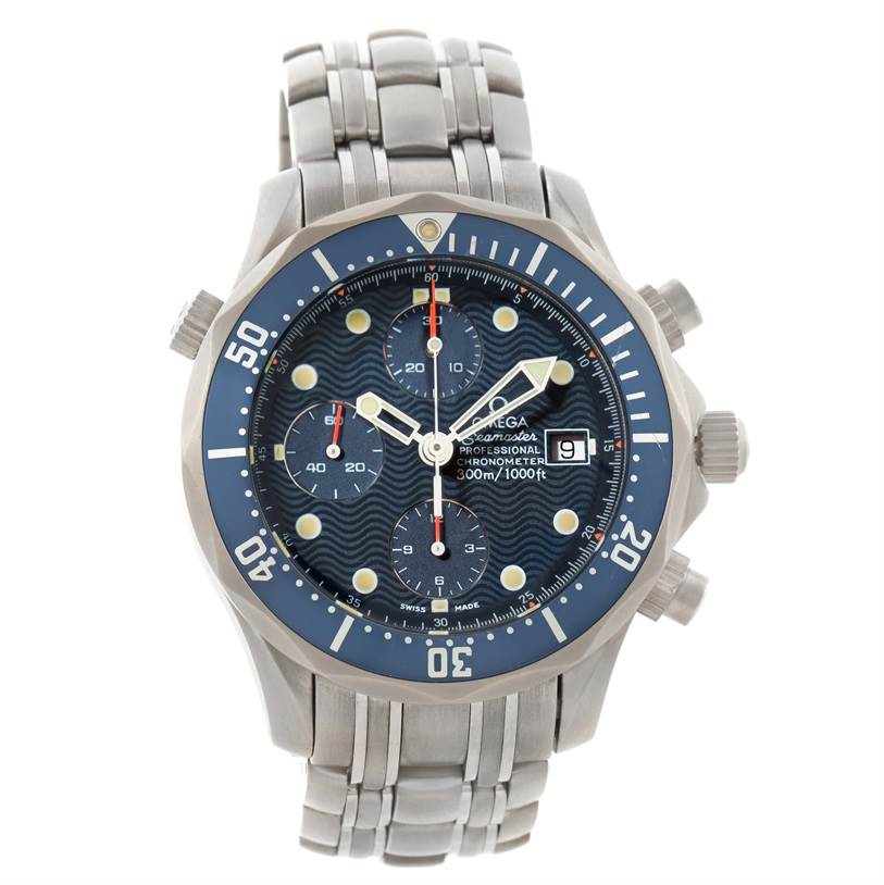 This image shows a frontal view of the Omega Seamaster 2298.80.00 Men
s Titanium Blue Dial 2298.80.00 Men
s Titanium Blue Dial watch, highlighting the dial, bezel, and stainless steel bracelet.