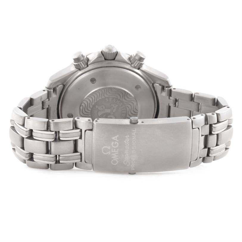 The image shows the back of an Omega Seamaster 2298.80.00 Men
s Titanium Blue Dial 2298.80.00 Men
s Titanium Blue Dial watch, highlighting the case back, bracelet, and buckle.